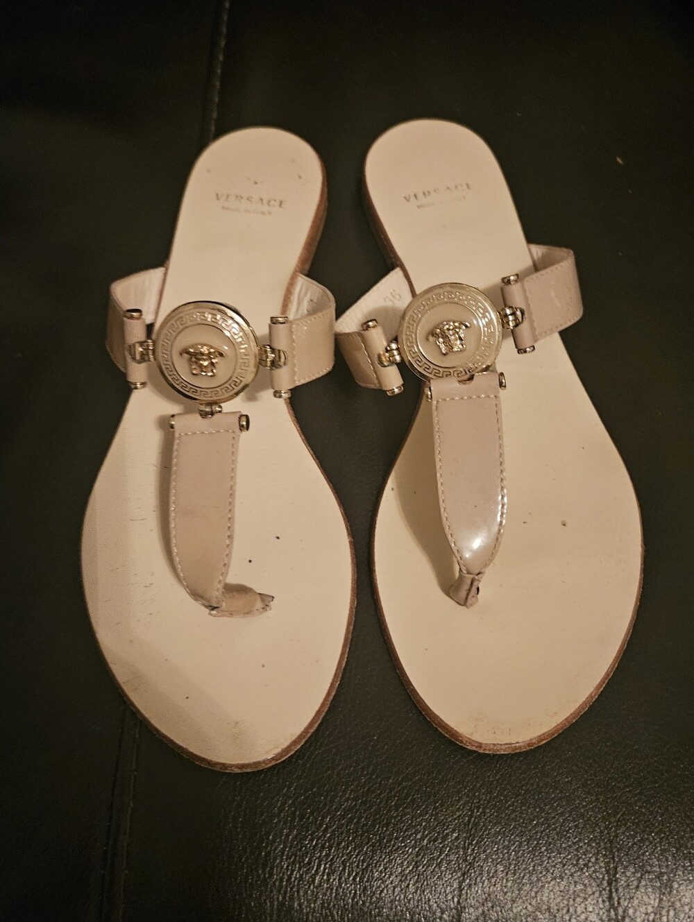 Versace Women's Beige Leather Thong Sandals with Medusa Emblem